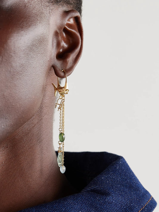 Image of Earrings. Product name - Young Fish 18-karat Gold, Serpentine And Aquamarine Hoop Earrings in Multi colour by brand - OLE LYNGGAARD COPENHAGEN