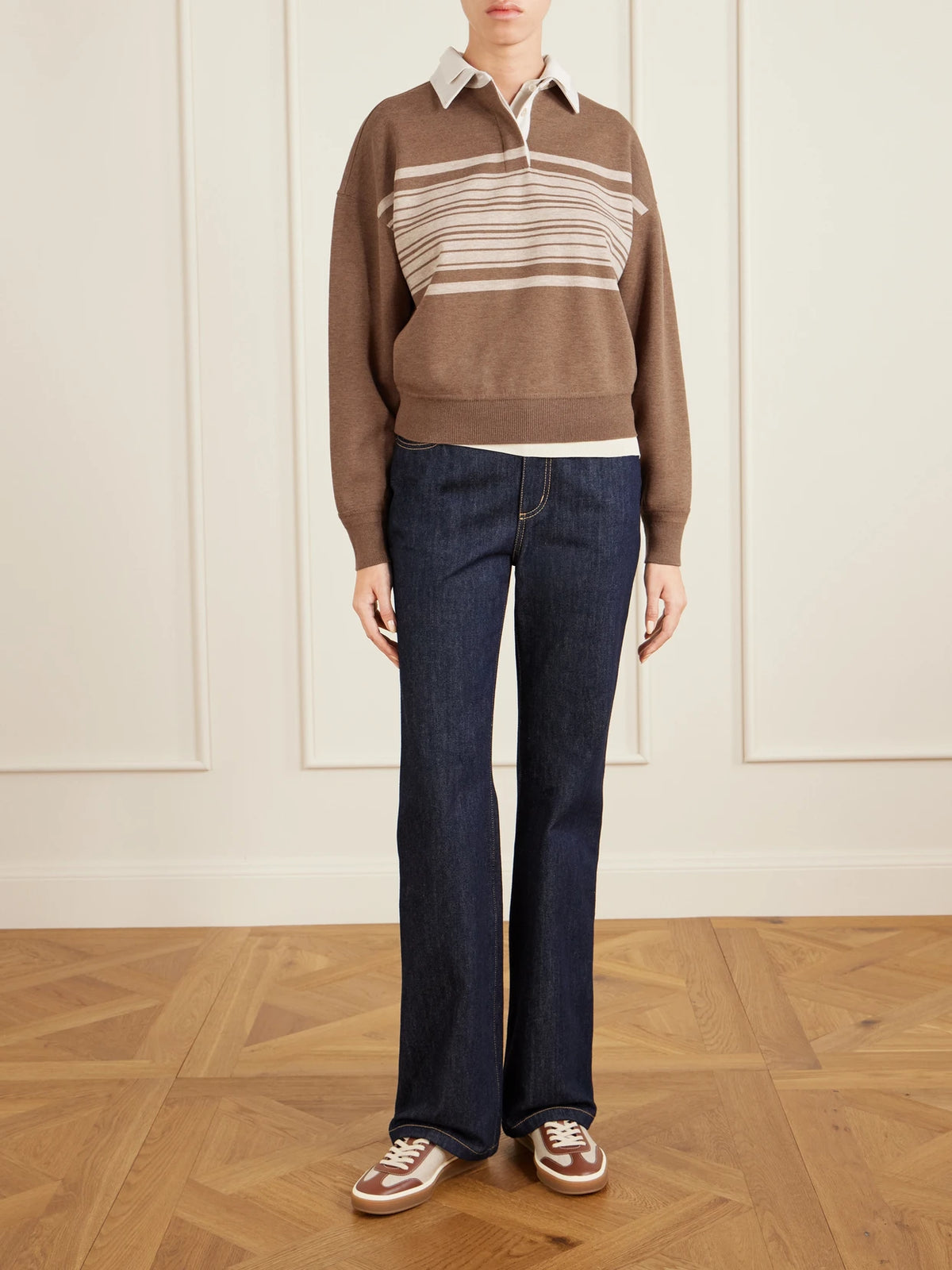 Image of a model wearing Outerwear. Product name - Striped Wool And Cashmere-blend Polo Shirt in Brown colour by brand - Loro Piana