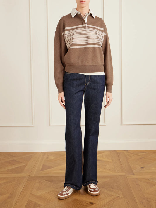 Image of a model wearing Outerwear. Product name - Striped Wool And Cashmere-blend Polo Shirt in Brown colour by brand - Loro Piana