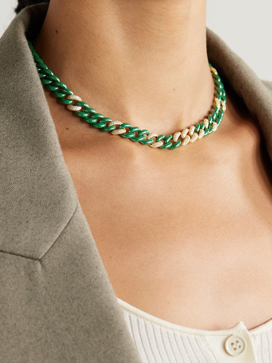 Image of Necklaces. Product name - Essential Link 18-karat Gold, Ceramic And Diamond Necklace in Green colour by brand - SHAY