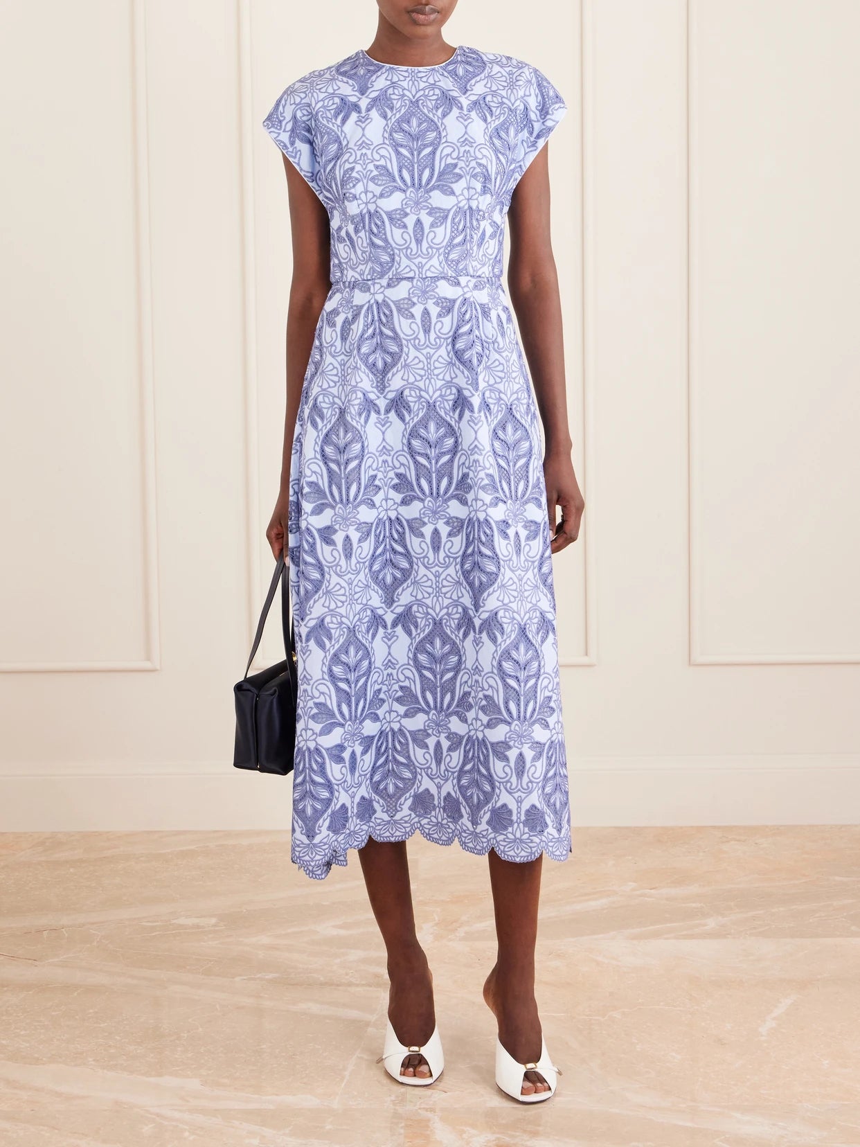 Image of Dresses. Product name - Blooming Lanterns Scalloped Embroidered Cotton Midi Dress in Light blue colour by brand - Rebecca Vallance