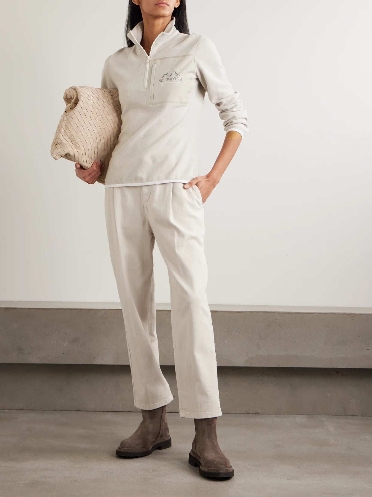 Image of Sleepwear & Loungewear. Product name - Printed Shell-trimmed Cashmere-blend Sweatshirt in Beige colour by brand - Brunello Cucinelli