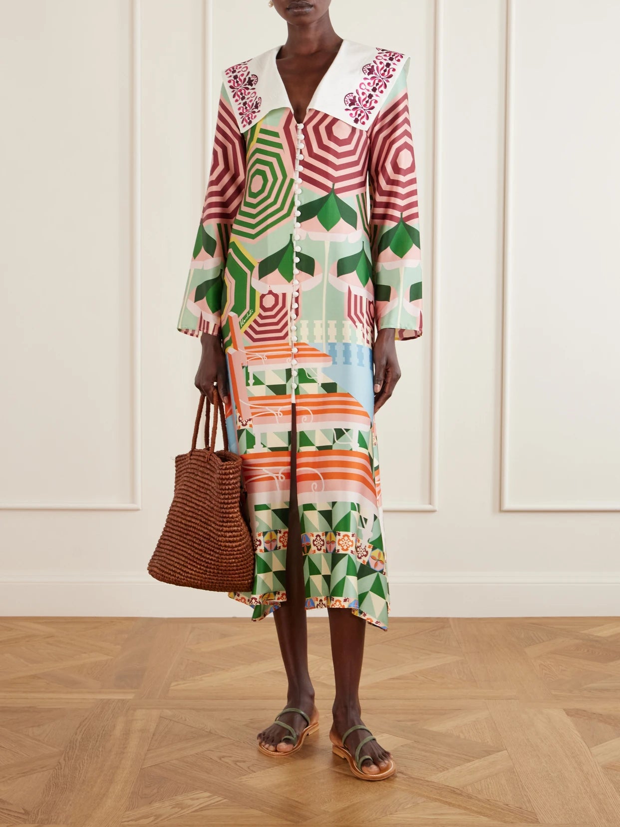 Image of Dresses. Product name - Sofia Printed Silk-blend Satin Midi Dress in Multi colour by brand - Cristiano Marcheli
