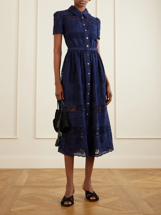 Belted Embroidered Lace-trimmed Ramie Midi Dress