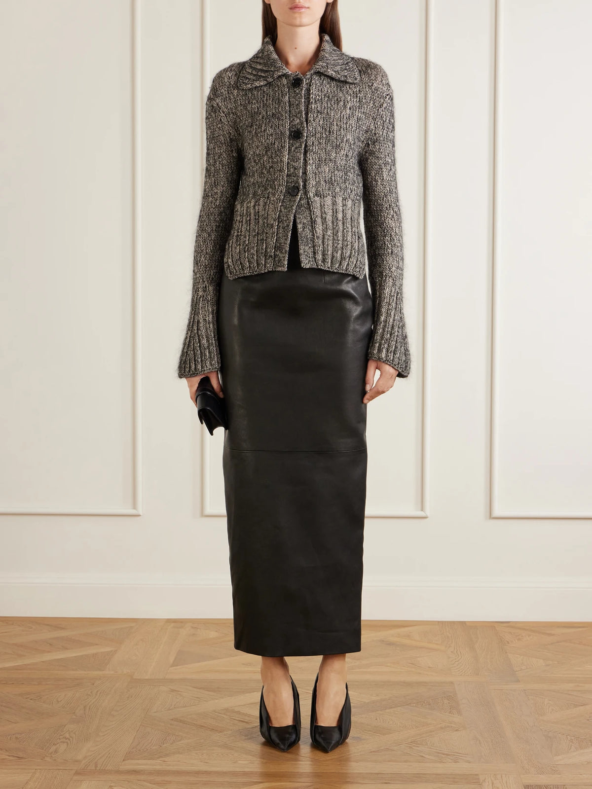 Image of a model wearing Outerwear. Product name - Takeo Cashmere, Mohair And Silk-blend Mélange Cardigan in Gray colour by brand - KHAITE