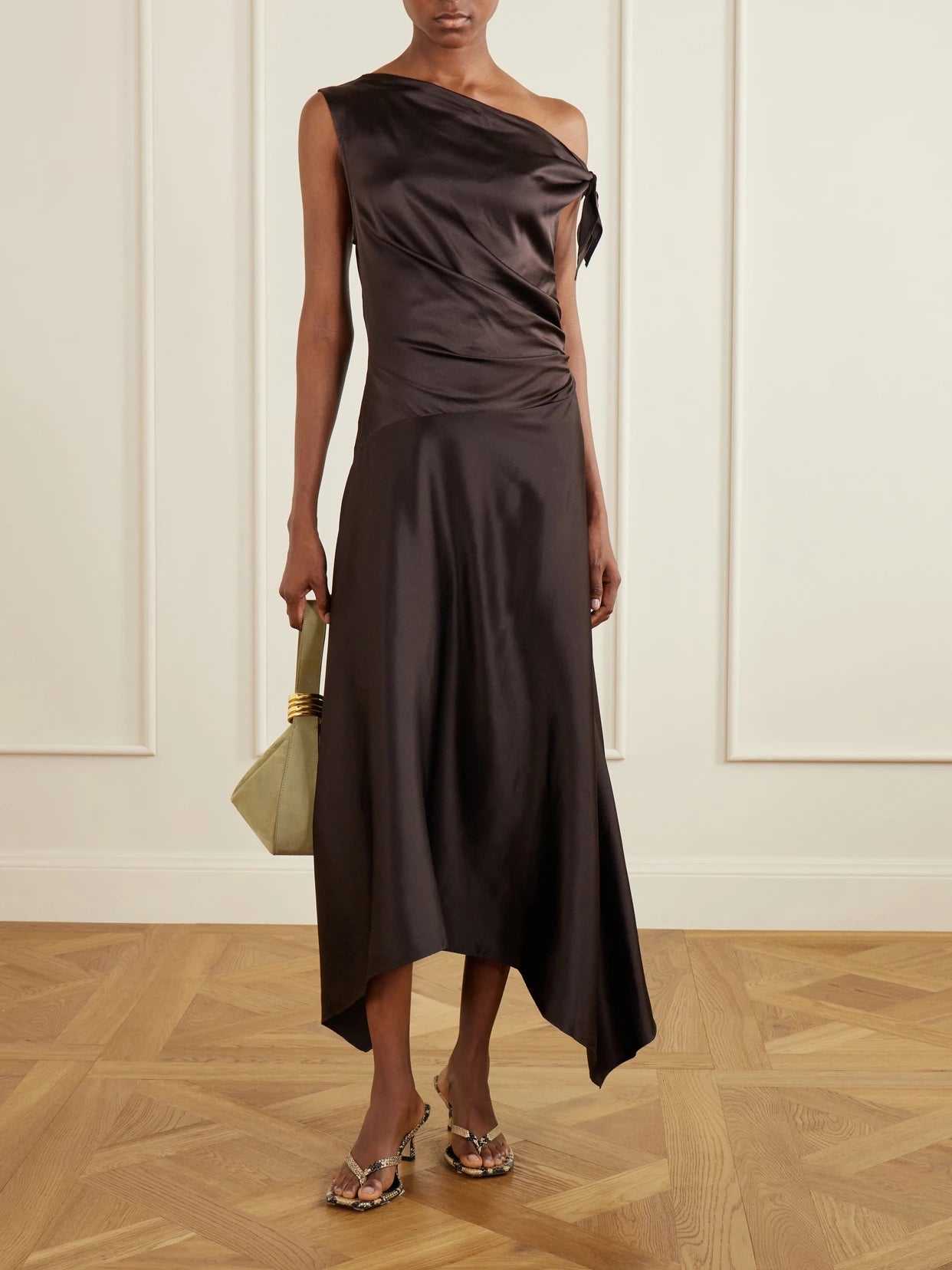 Image of Dresses. Product name - Portia Off-the-shoulder Asymmetric Stretch-silk Gown in Brown colour by brand - STAUD