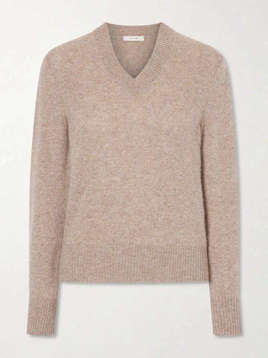 Image of a model wearing Outerwear. Product name - Nalini Cashmere Sweater in Beige colour by brand - The Row