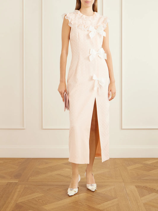 Image of Dresses. Product name - Lace-trimmed Bow-detail Printed Silk-jacquard Midi Dress in Pink colour by brand - Alessandra Rich