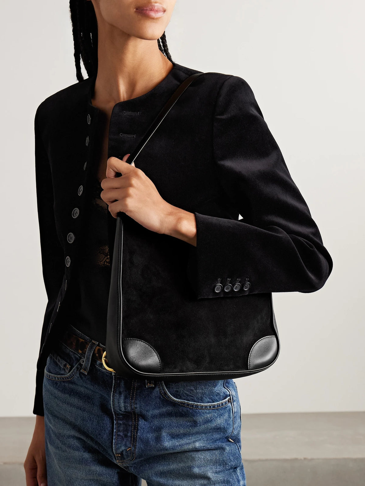 Image of Bags. Product name - Abbey Leather-trimmed Suede Shoulder Bag in Black colour by brand - Nili Lotan