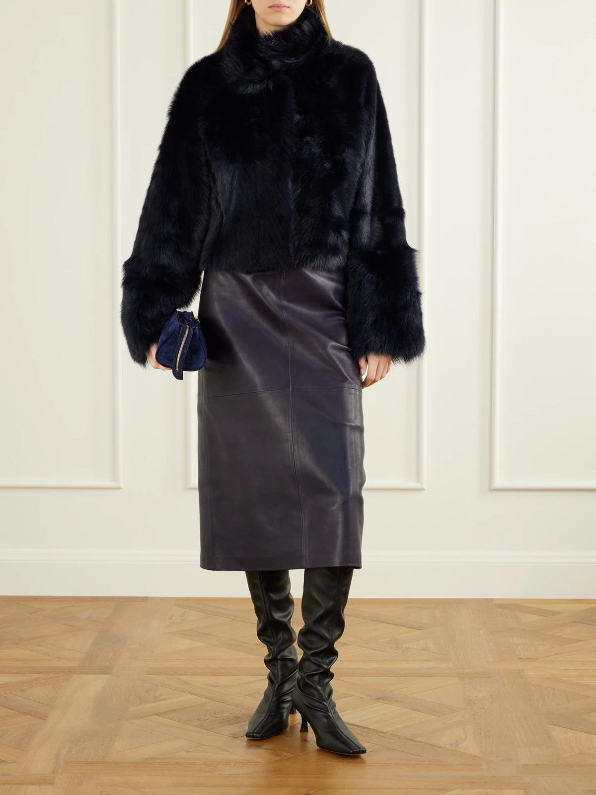 Image of Coats & Jackets. Product name - Cameron Cropped Shearling Jacket in Navy, Brown colour by brand - Nour Hammour