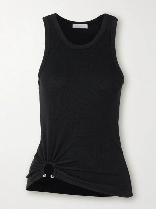 Image of a model wearing Tops. Product name - Embellished Gathered Ribbed Stretch-cotton Jersey Tank in Black colour by brand - RABANNE