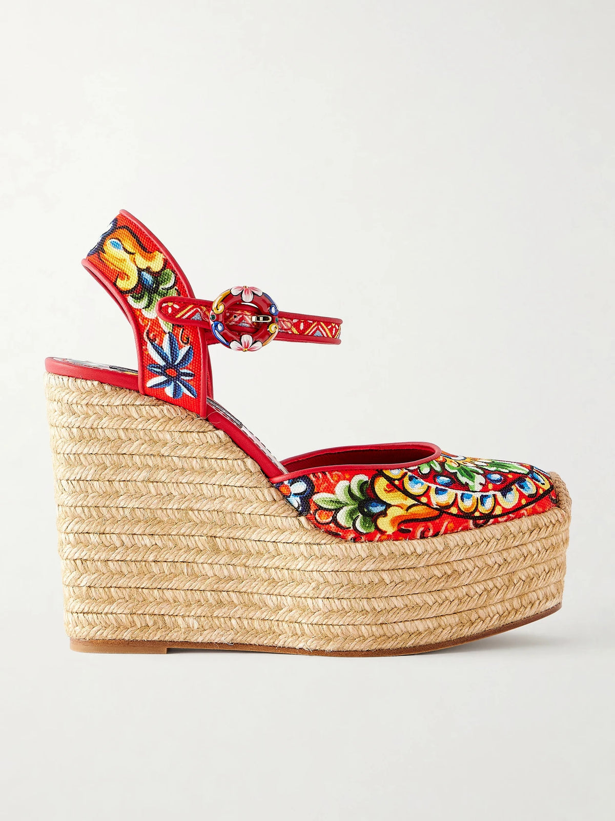 Printed Leather-trimmed Canvas Wedge Sandals
