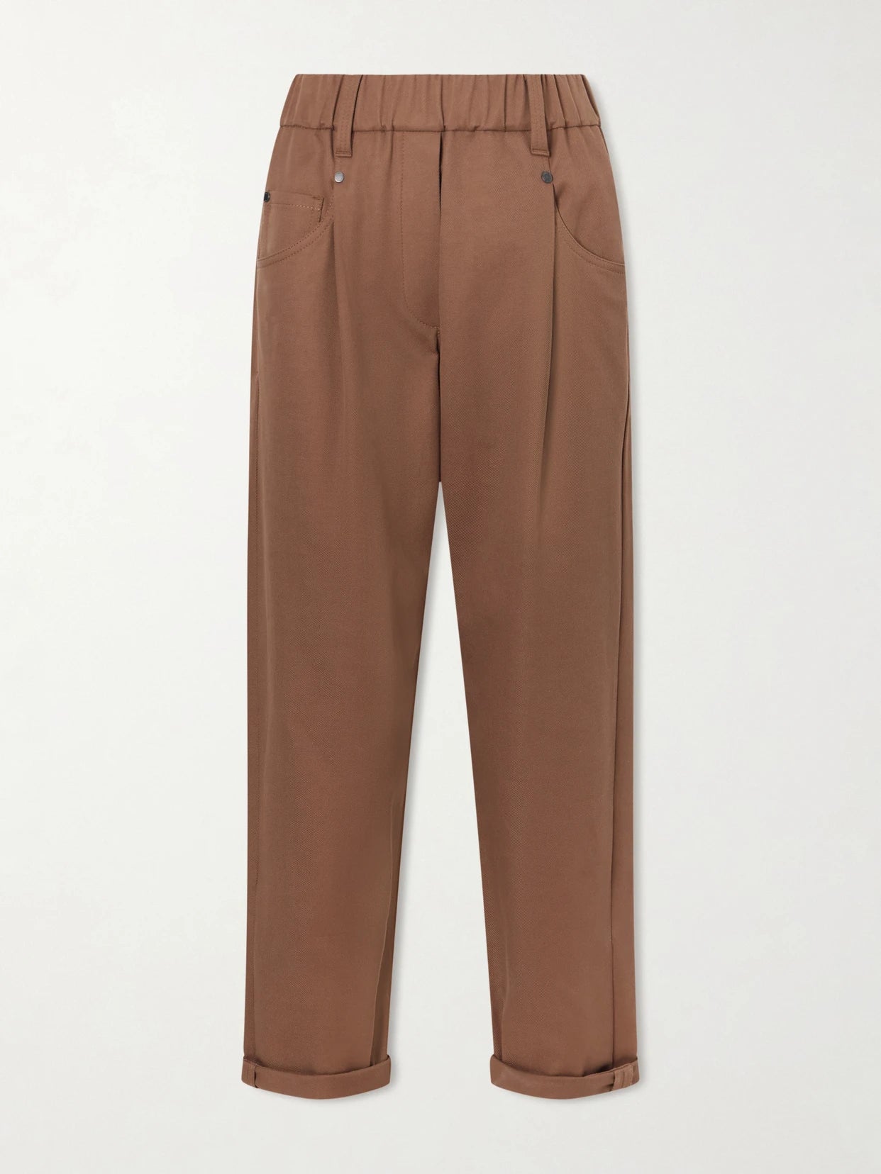 Image of a model wearing Pants. Product name - Cotton-blend Twill Straight-leg Pants in Brown colour by brand - Brunello Cucinelli