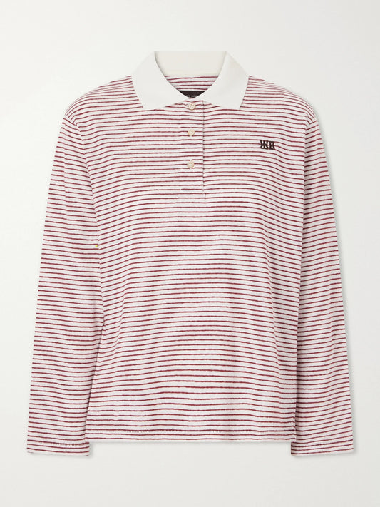 Image of a model wearing Tops. Product name - Trust Logo-embroidered Striped Cotton And Linen-blend Polo T-shirt in Pink colour by brand - Wales Bonner