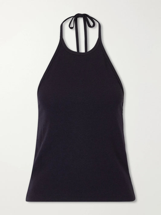 Image of a model wearing Tops. Product name - Ribbed Jersey Halterneck Tank in Black colour by brand - La Ligne