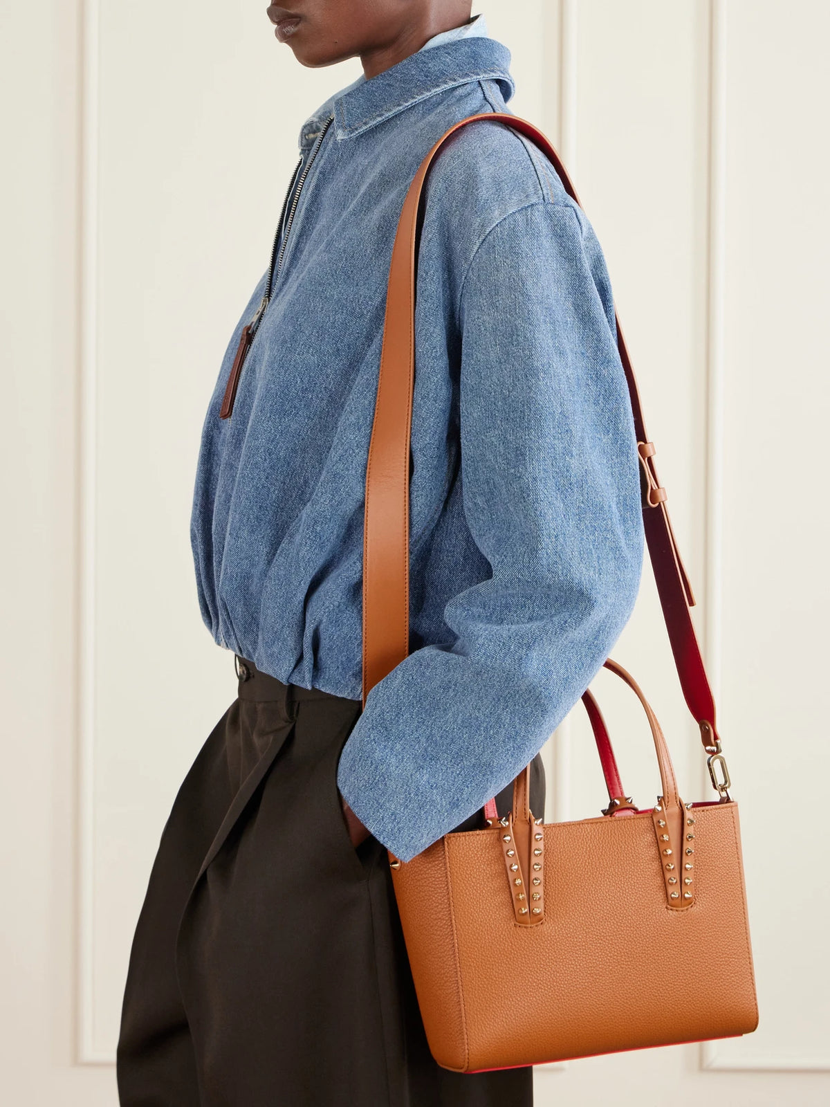 Image of Bags. Product name - Cabata Mini Spiked Textured-leather Tote in Tan colour by brand - Christian Louboutin