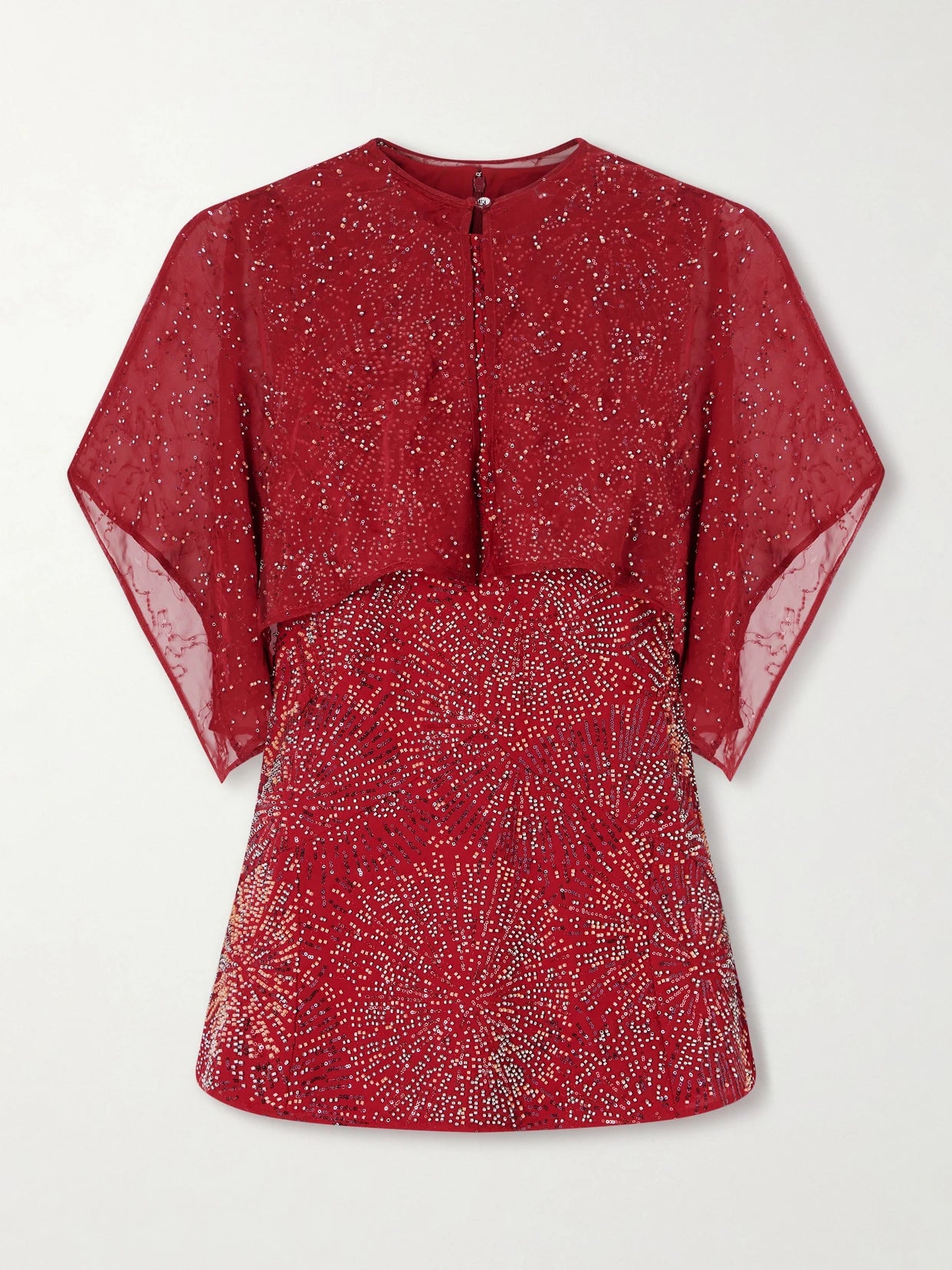 Image of a model wearing Tops. Product name - Bead-embellished Crepe And Chiffon Blouse in Red colour by brand - RABANNE