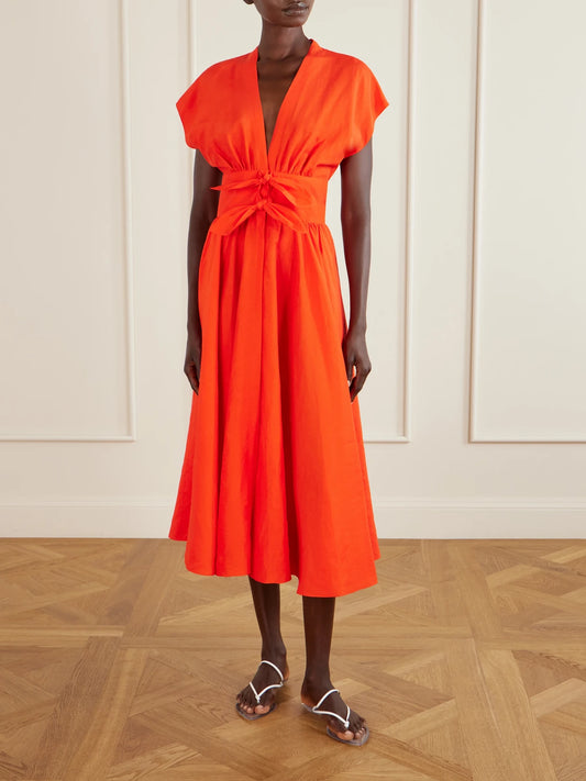 Image of Dresses. Product name - Knotted Linen-blend Midi Dress in Red colour by brand - Alaïa