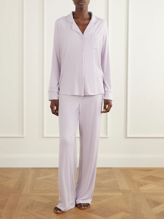Image of Lingerie. Product name - Ribbed Stretch-modal Jersey Pajamas in Purple colour by brand - SKIMS