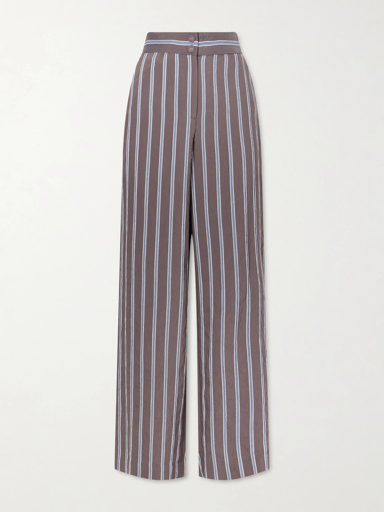 Image of a model wearing Pants. Product name - Striped Woven Wide-leg Pants in Dark brown colour by brand - Veronica Beard