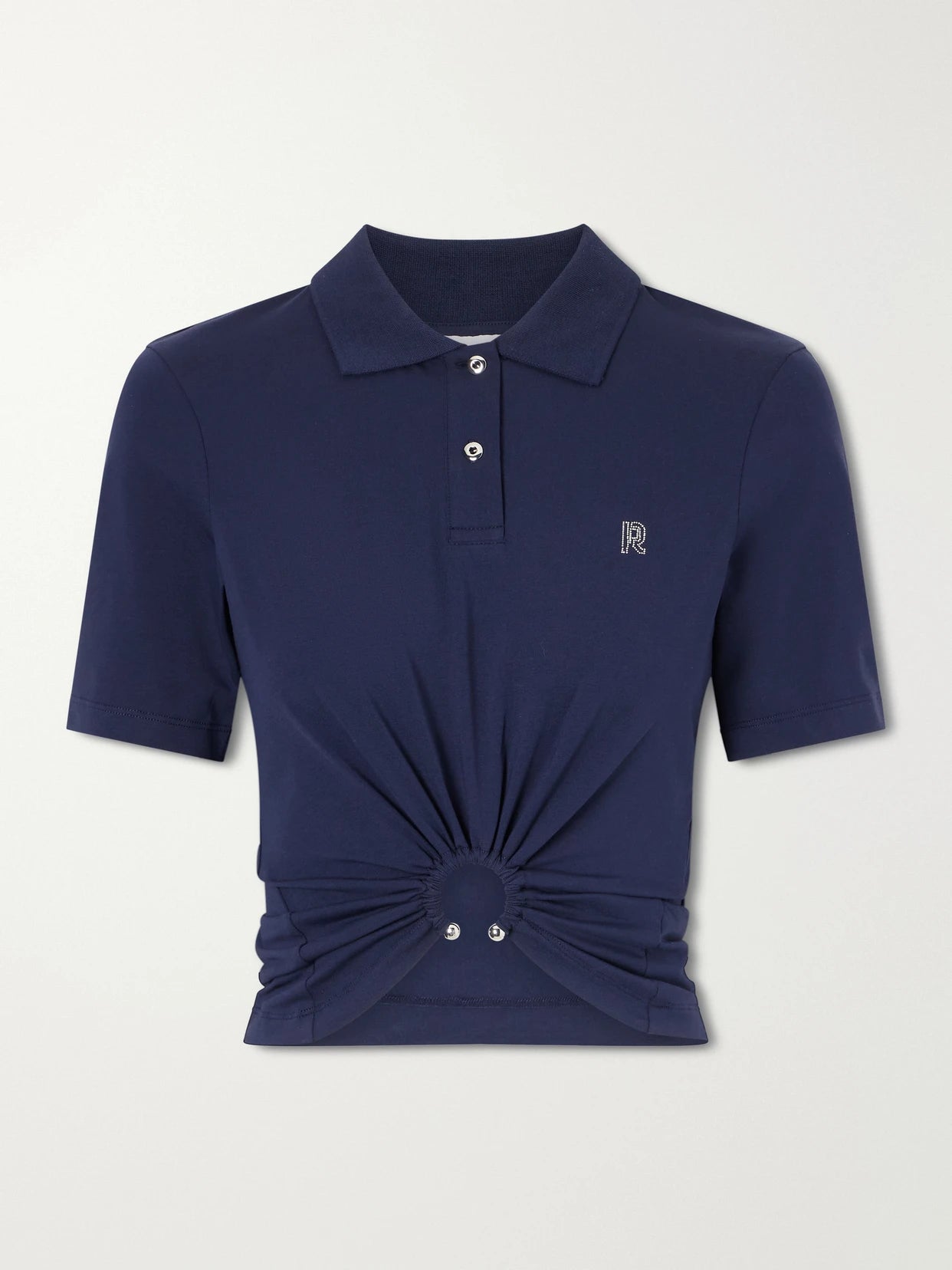 Image of a model wearing Tops. Product name - Embellished Cotton-blend Shirt in Navy colour by brand - RABANNE