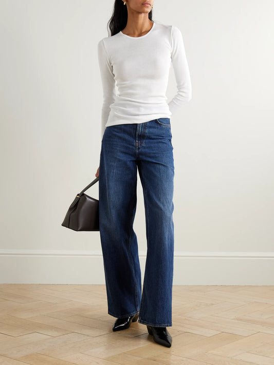 Image of a model wearing Tops. Product name - Garderob Organic Cotton-jersey Top in White colour by brand - TOTEME