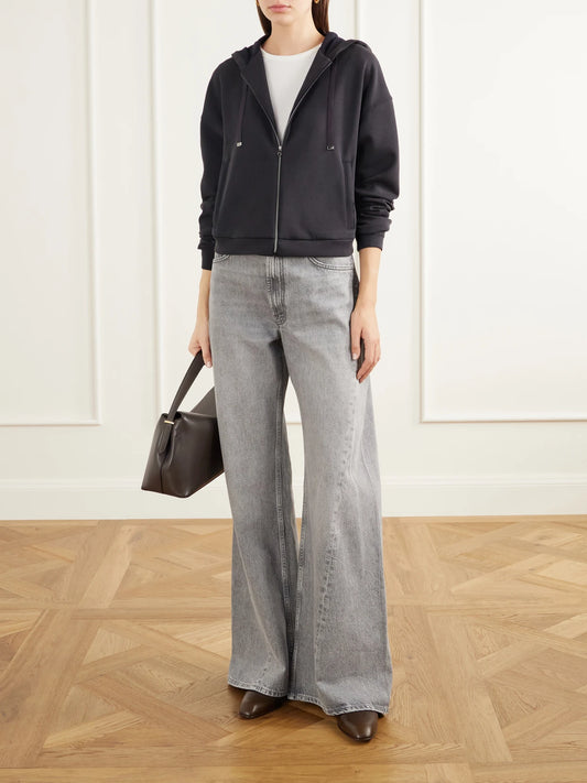Image of Sleepwear & Loungewear. Product name - Jorgie Cropped Grosgrain-trimmed Truesoft Jersey Zip-up Hoodie in Black colour by brand - Varley