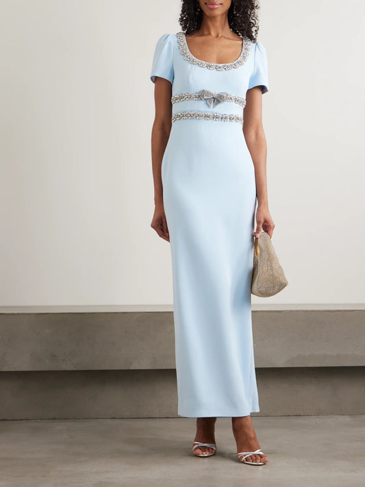 Bow-detailed Crystal-embellished Crepe Maxi Dress