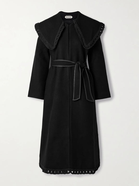 Image of Coats & Jackets. Product name - Dover Belted Embroidered Wool Coat in Black colour by brand - BODE