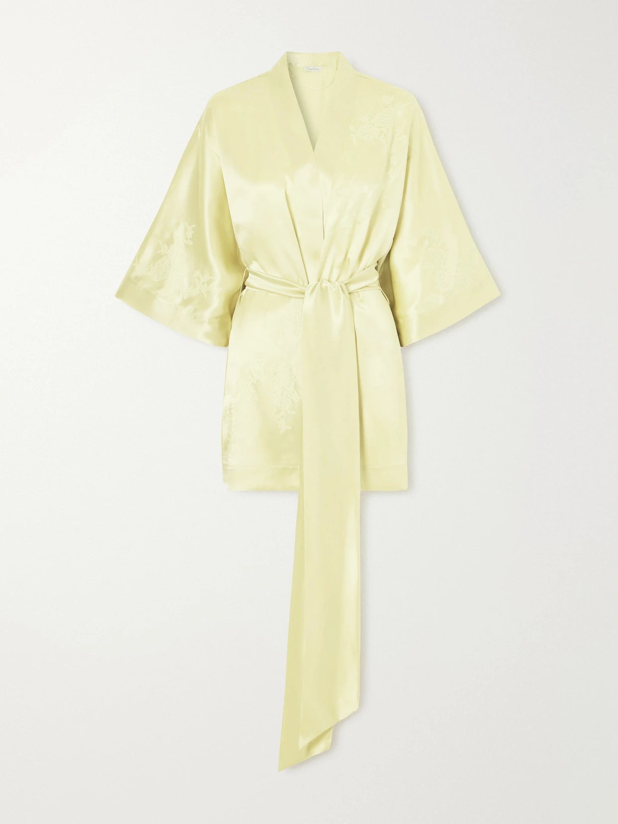 Image of Lingerie. Product name - Belted Embroidered Silk-satin Kimono in Lime green colour by brand - Carine Gilson