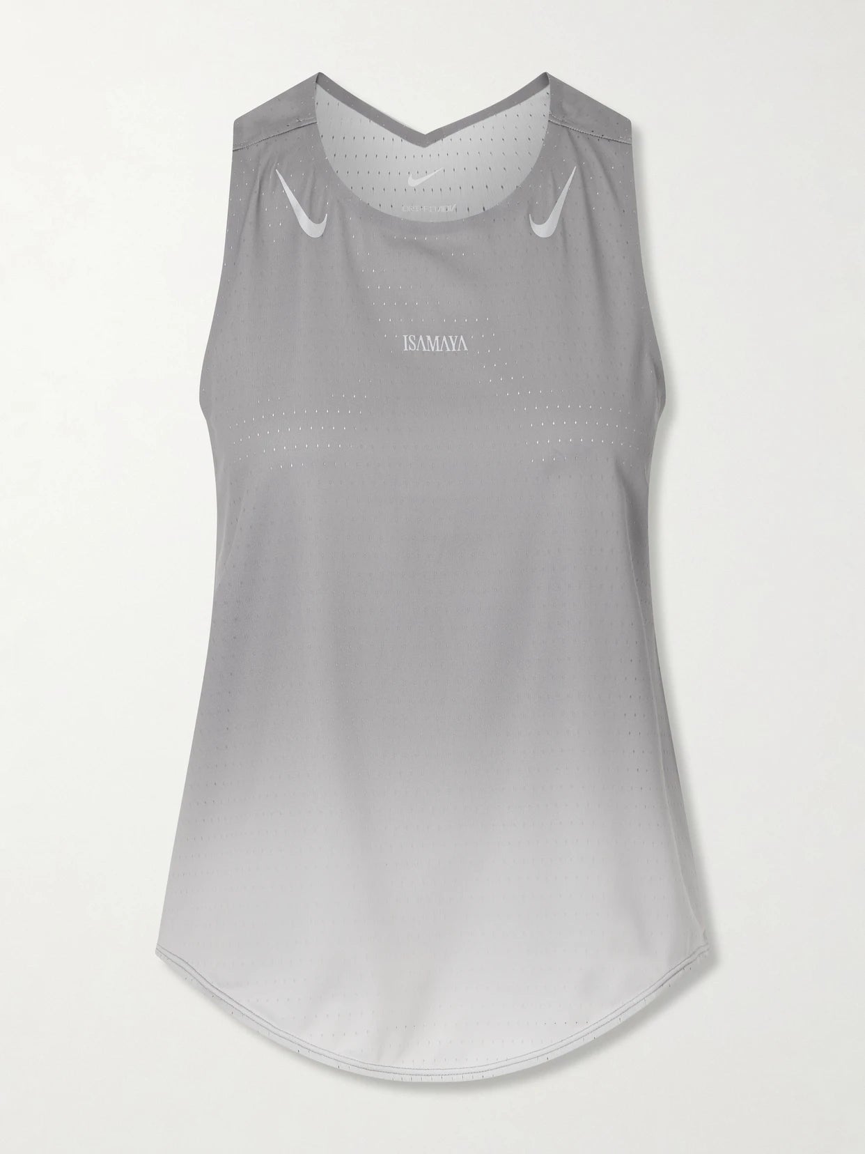 Image of a model wearing Tops. Product name - + Isamaya Ffrench Airswift Perforated Dri-fit Adv Tank in Silver colour by brand - Nike