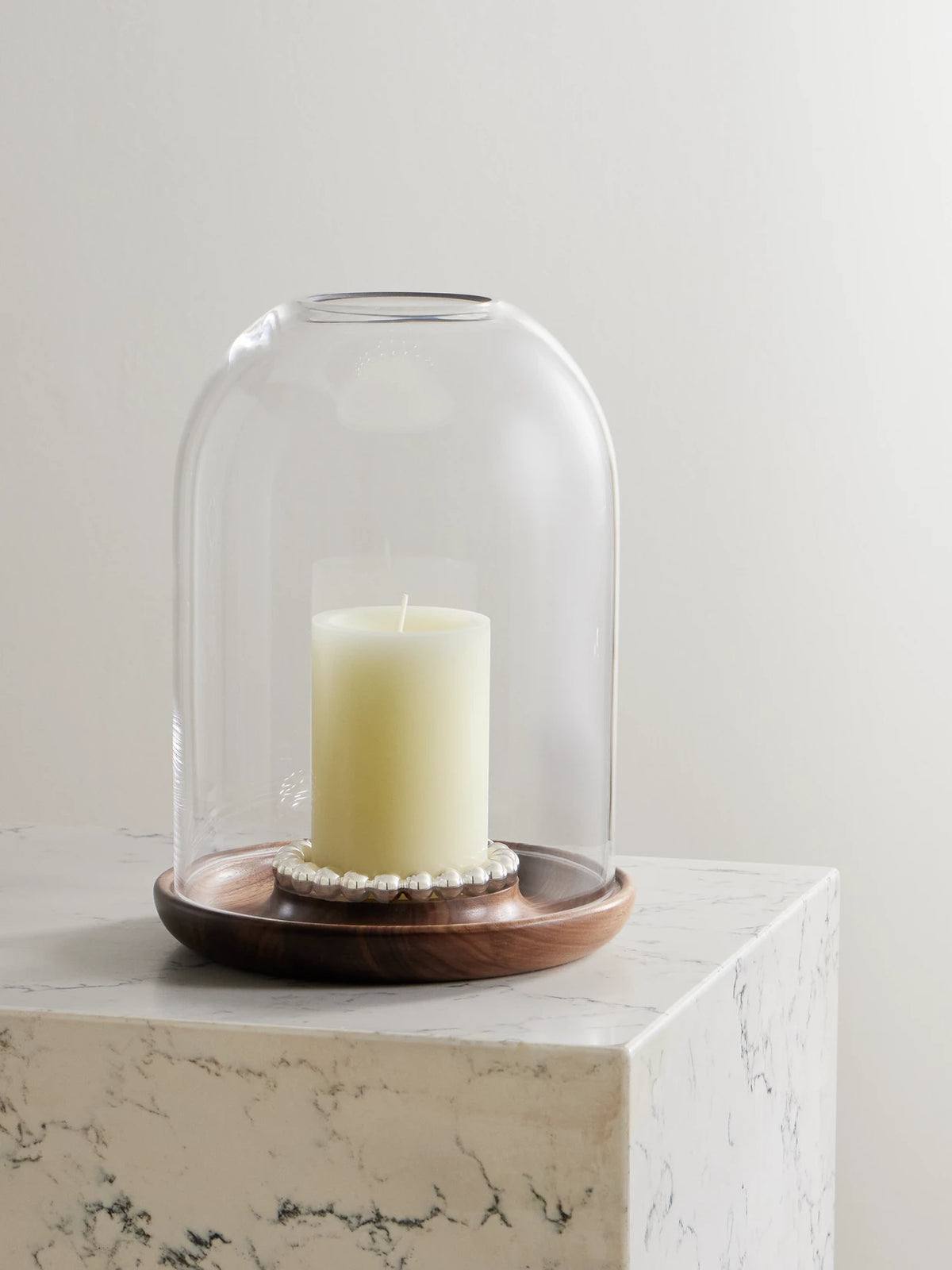 Perles Large Glass, Walnut And Silver-plated Hurricane Candle Holder