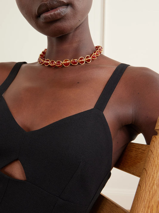 Image of Necklaces. Product name - Gold-tone Agate Beaded Necklace in Red colour by brand - Jil Sander