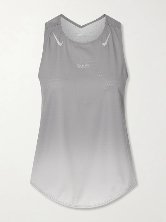 Image of a model wearing Tops. Product name - + Isamaya Ffrench Airswift Perforated Dri-fit Adv Tank in Silver colour by brand - Nike
