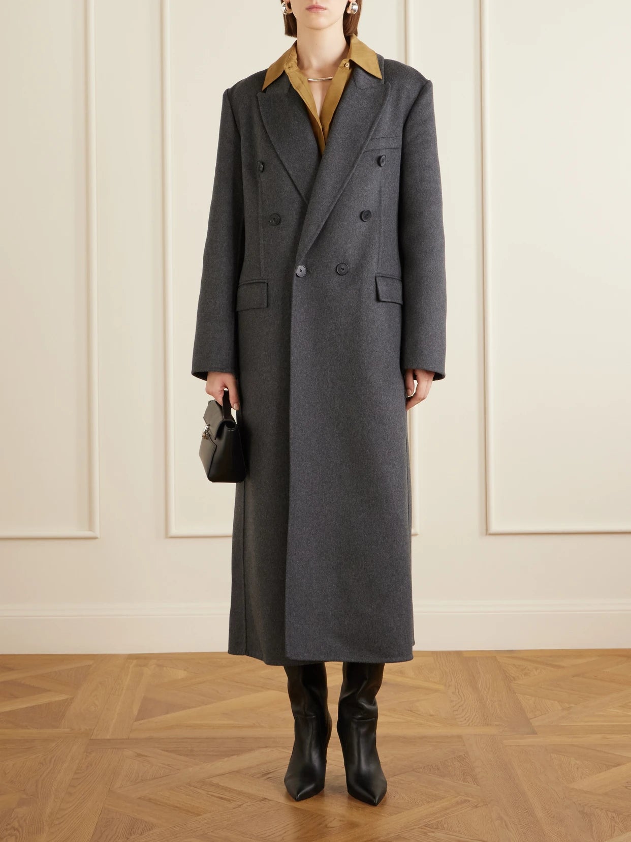 Image of Coats & Jackets. Product name - Double-breasted Wool-blend Long Coat in Dark gray colour by brand - Victoria Beckham