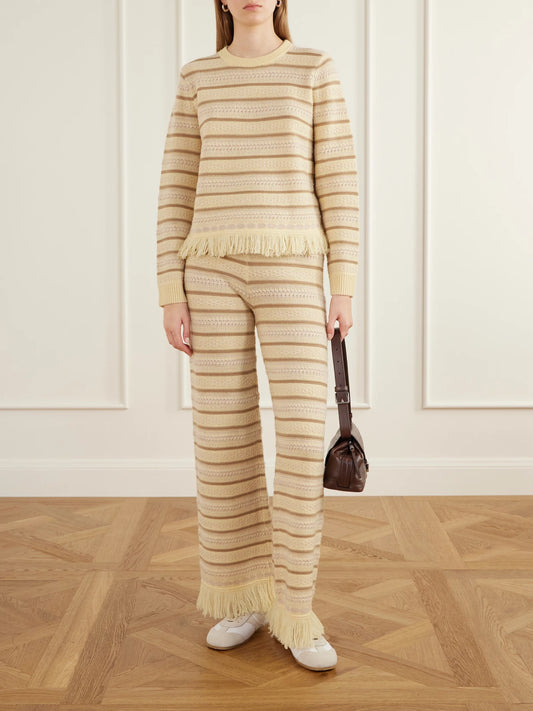 Image of a model wearing Pants. Product name - Fringe-detail Striped Wool And Cashmere-blend Knitted Wide-leg Pants in Multi colour by brand - Guest In Residence