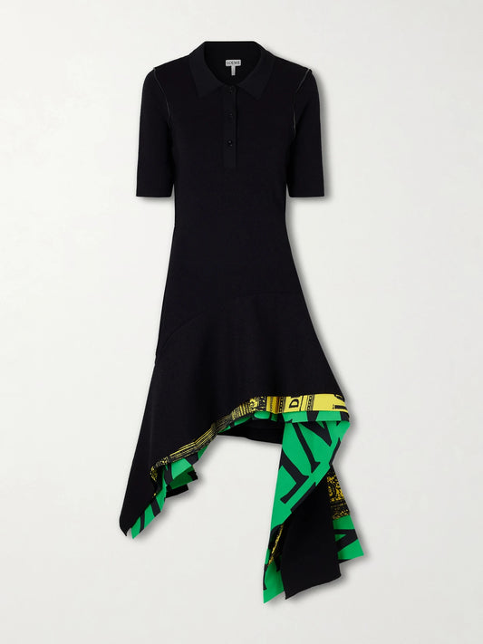 Image of Dresses. Product name - Asymmetric Layered Printed Jersey Midi Dress in Black colour by brand - LOEWE