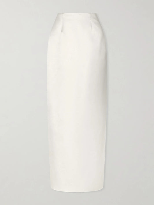 Image of a model wearing Skirts. Product name - Tristan Silk And Wool-blend Satin Maxi Skirt in Off-white colour by brand - Danielle Frankel