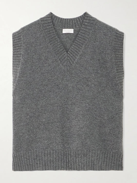 Image of a model wearing Outerwear. Product name - Cashmere Vest in Dark gray colour by brand - Brunello Cucinelli