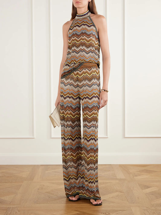 Image of Outfit Sets. Product name - Sequined Metallic Crochet-knit Wide-leg Pants in Brown colour by brand - Missoni