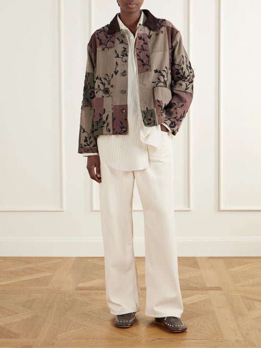 Image of Coats & Jackets. Product name - Embellished Suede-trimmed Patchwork Woven Cotton Jacket in Brown colour by brand - Kartik Research