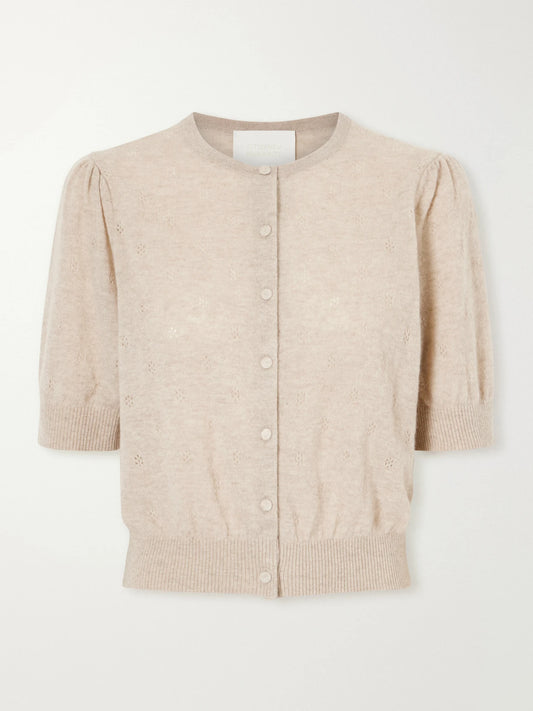 Image of a model wearing Outerwear. Product name - Raina Pointelle-knit Wool And Cashmere-blend Cardigan in Taupe colour by brand - Citizens of Humanity