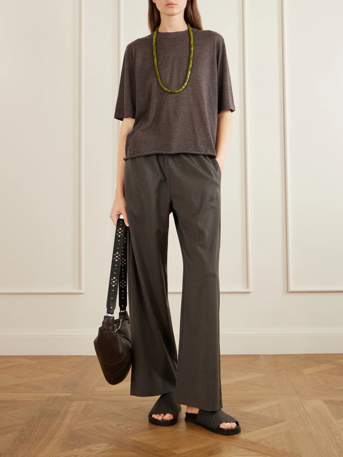 Image of Sandals. Product name - Luca Woven Leather Slides in Dark brown colour by brand - A Emery