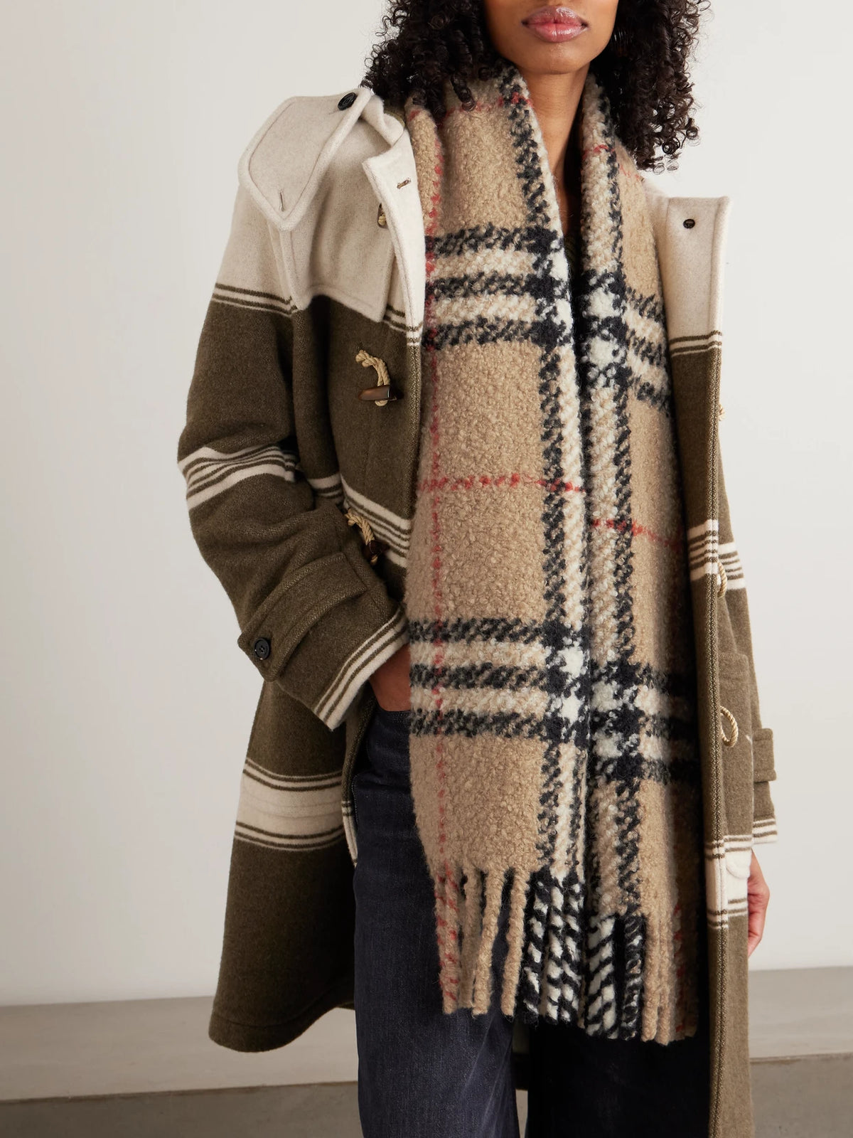 Image of Scarves & Shawls. Product name - Fringed Checked Alpaca And Wool-blend Bouclé Scarf in Beige colour by brand - Burberry