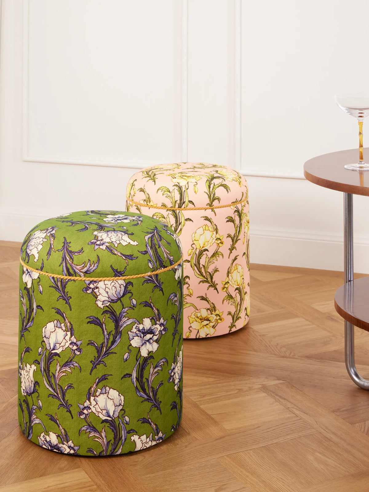 Image of Decor. Product name - Babà Floral-printed Canvas Pouf in Green colour by brand - La DoubleJ