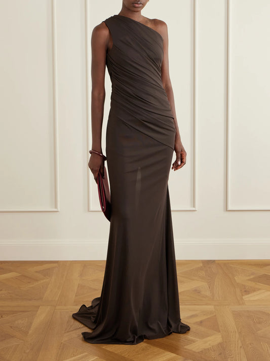 Image of Dresses. Product name - One-shoulder Gathered Jersey Gown in Brown colour by brand - Alex Perry
