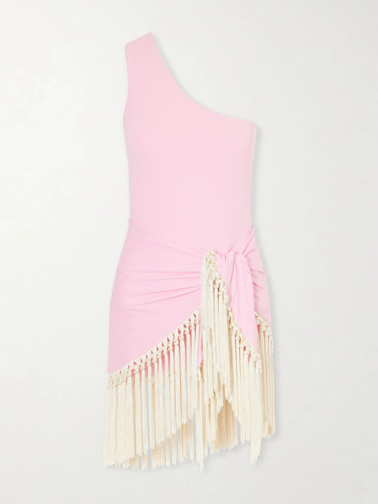 Image of Swimwear. Product name - Yacare Swimsuit And Fringed Pareo Set in Baby pink colour by brand - Taller Marmo