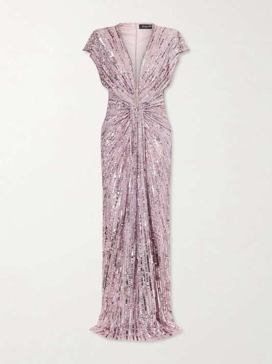 Image of Dresses. Product name - Zola Twisted Crystal-embellished Sequined Tulle Gown in Lavender colour by brand - Jenny Packham