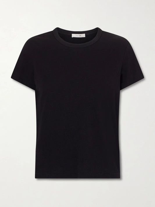Image of a model wearing Tops. Product name - Jovita Cotton, Cashmere And Silk-blend Jersey T-shirt in Black colour by brand - The Row