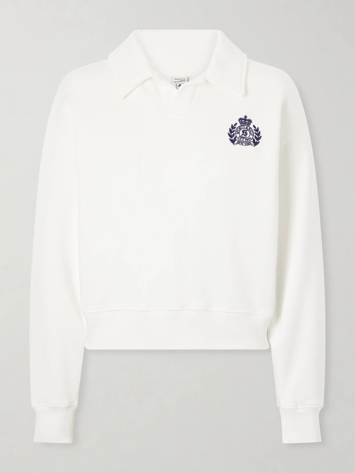 Image of Sleepwear & Loungewear. Product name - Embroidered Ribbed-detail Cotton Sweatshirt in White colour by brand - Sporty & Rich